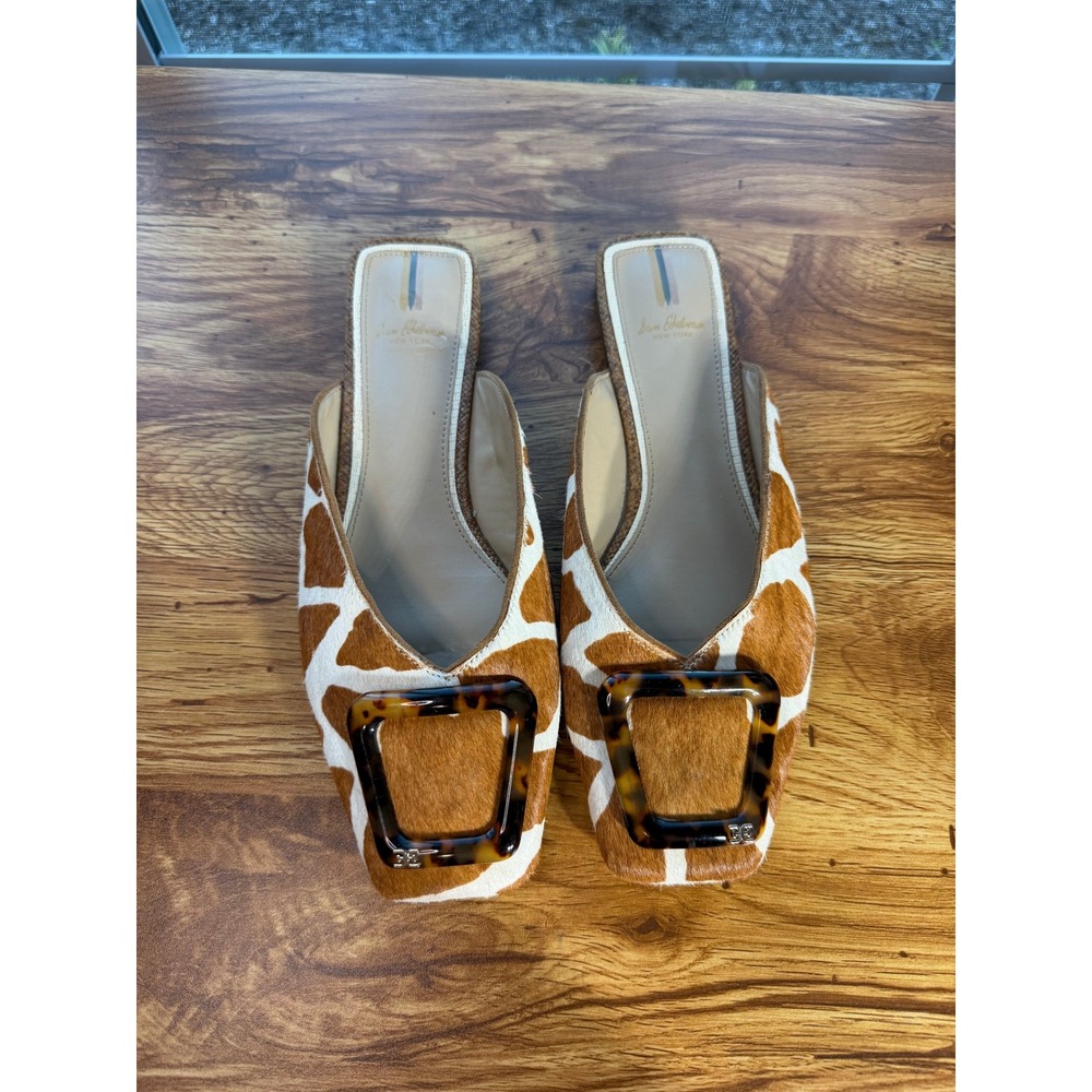 Anthropologie Sam Edelman Lavina Giraffe Calf Hair Buckle Mules Brown White 9.5
